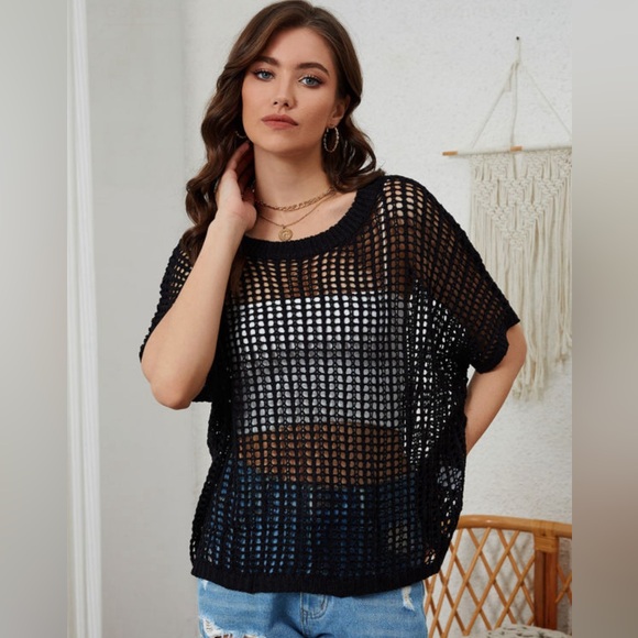 Black Open Weave Crochet Knit Fish net Drop Shoulder Top - Picture 3 of 15